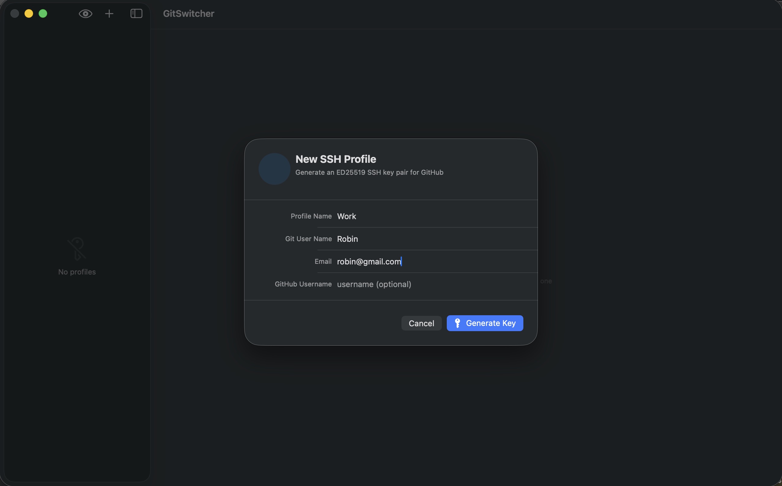 GitSwitcher profiles screen