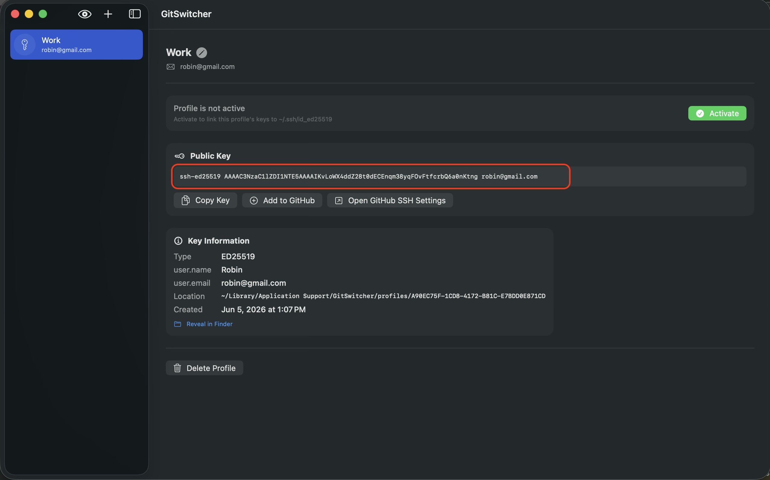 GitSwitcher SSH key setup screen