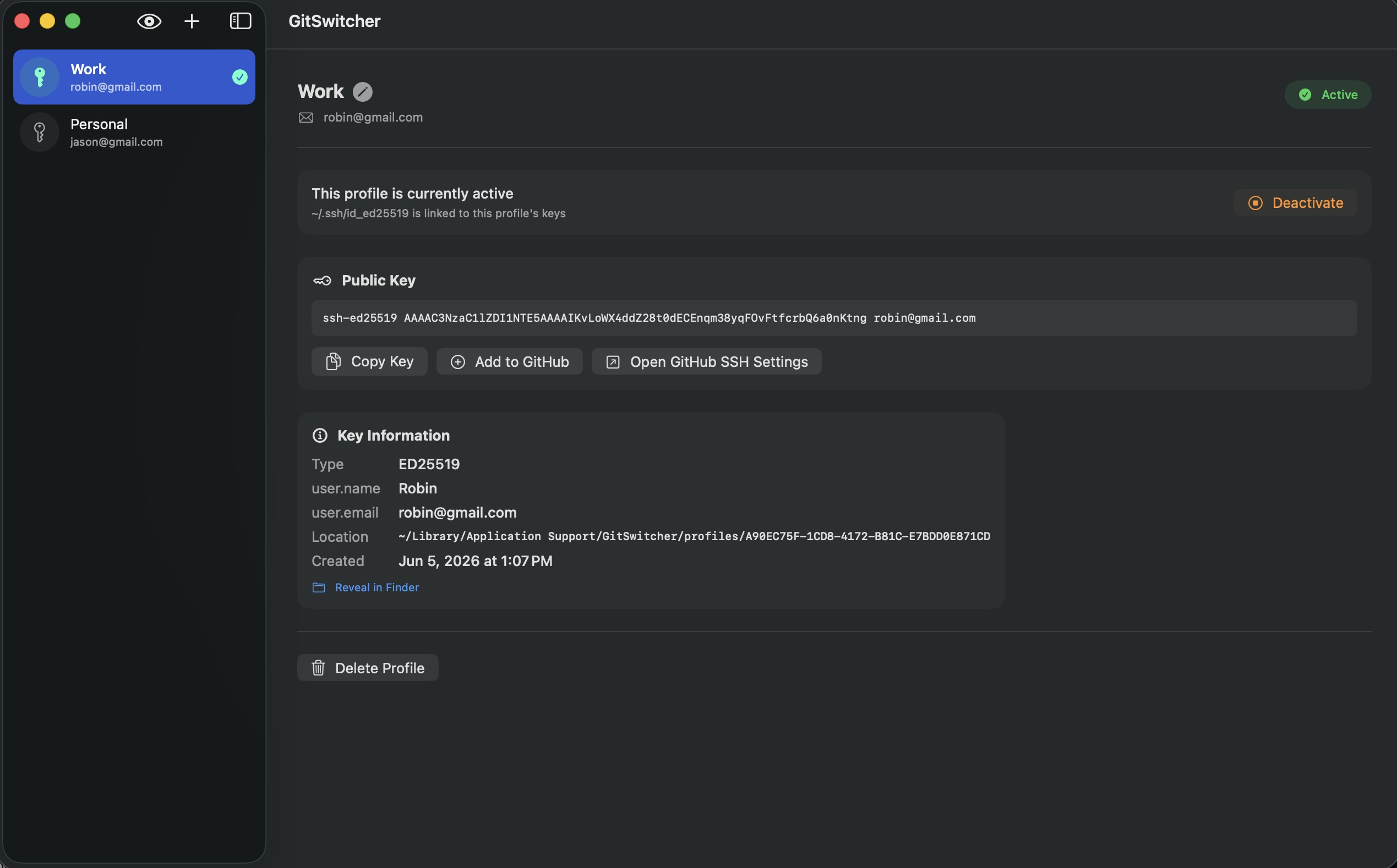 GitSwitcher profile editing screen